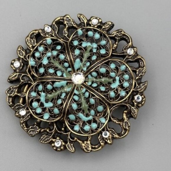 Vintage Brass Belt Buckle Oval Intricate Blue Turquoise Rhinestones  2.5" - Picture 1 of 9